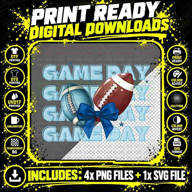 Game Day Football T-Shirt, Footballs with Bows on Game Png SVG Digital Bundle