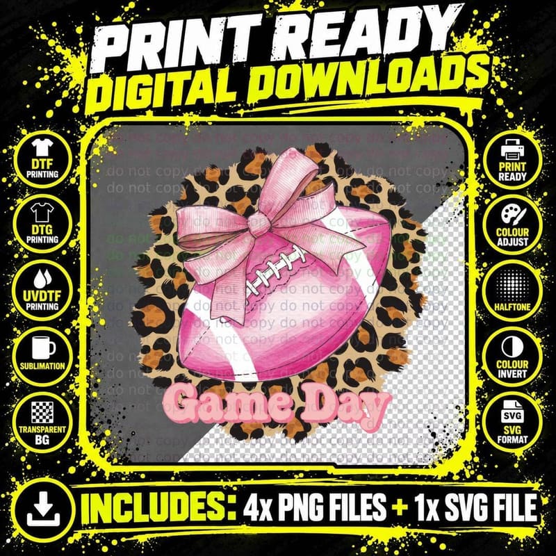Game Day Football T-Shirt, Pink Football with Bow on Png SVG Digital Bundle