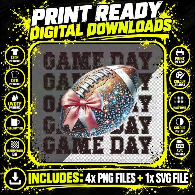 Game Day Football T-Shirt, Sparkly Football with Bow Png SVG Digital Bundle