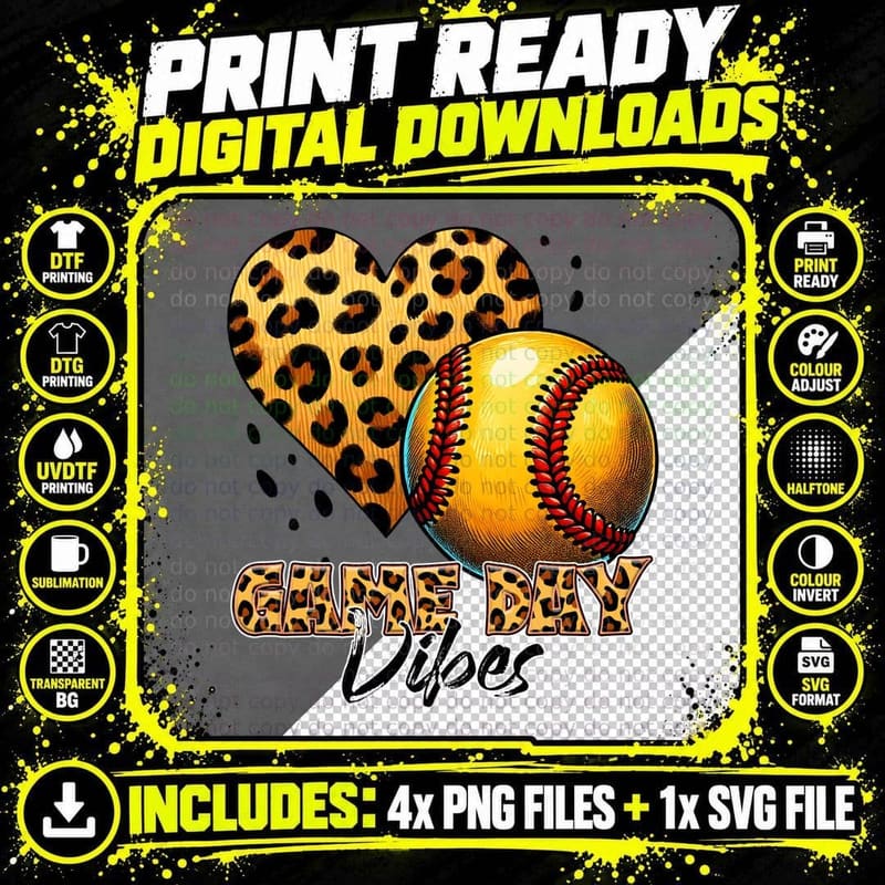 Game Day Vibes Softball T-Shirt, Leopard Heart Baseball Png SVG Digital Bundle