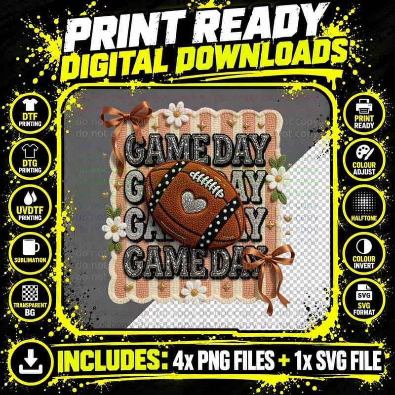 Gameday Football T-Shirt, Football-Themed Fabric Art Png SVG Digital Bundle