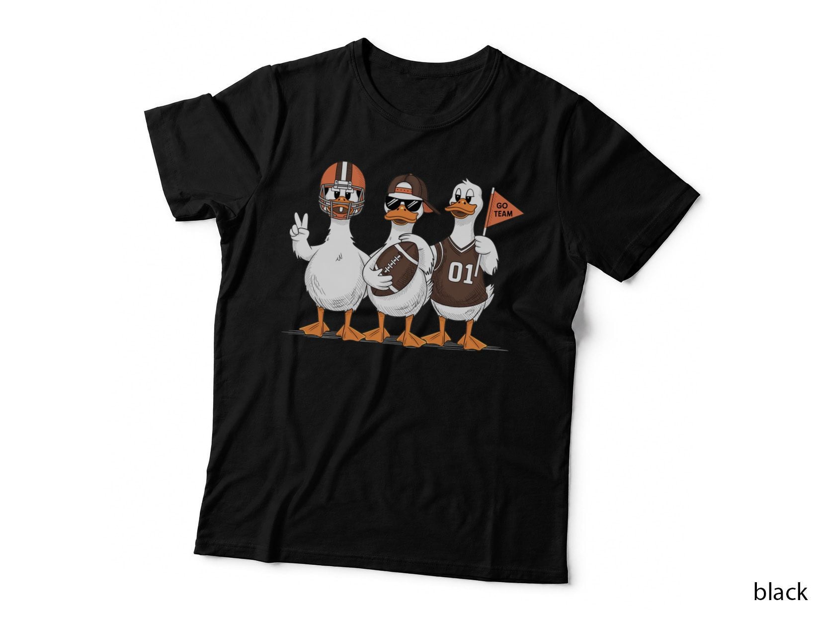 Go Team Funny Goose T-Shirt, Football-Loving Ducks in Gear Graphic Tee