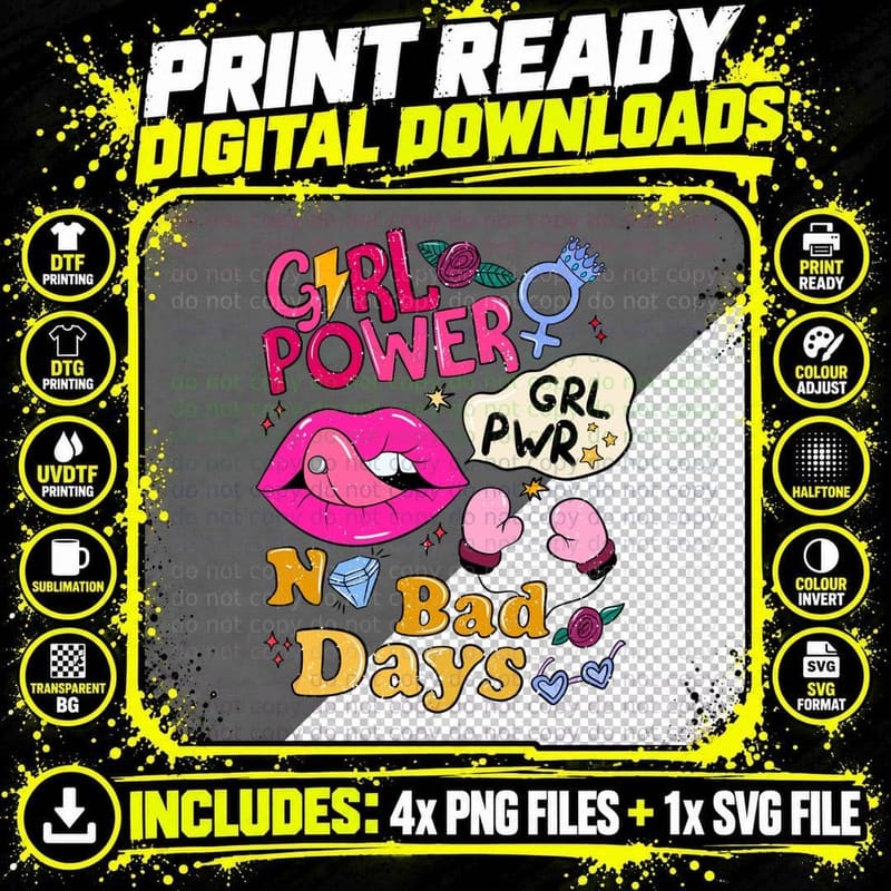 Grl Pwr No Bad Days Positive Quotes T-Shirt Png SVG Digital Bundle