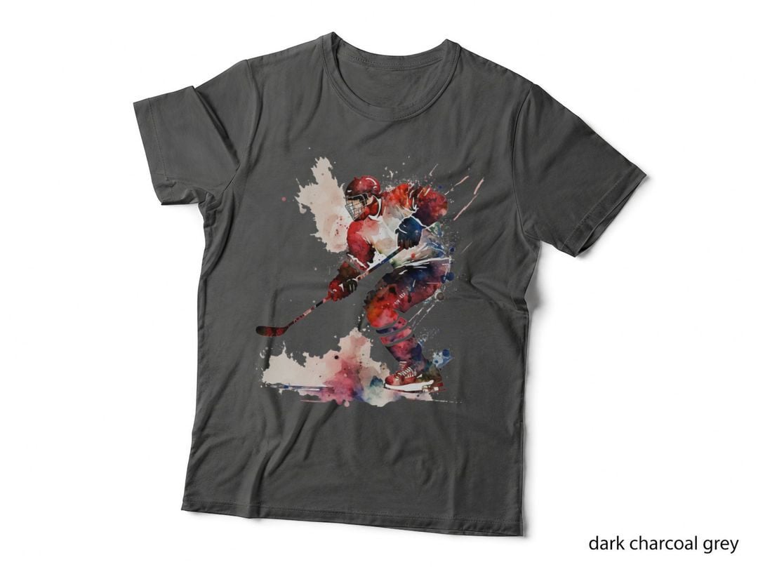 Hockey Player in Action with Colorful Splashes Hockey Design T-Shirt