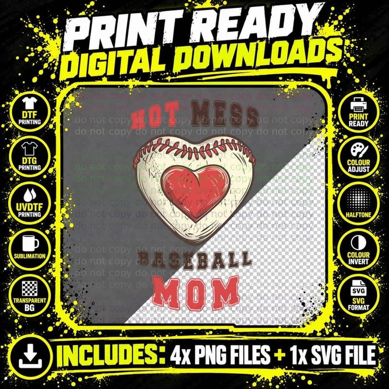 Hot Mess Baseball Mom Baseball T-Shirt Png SVG Digital Bundle