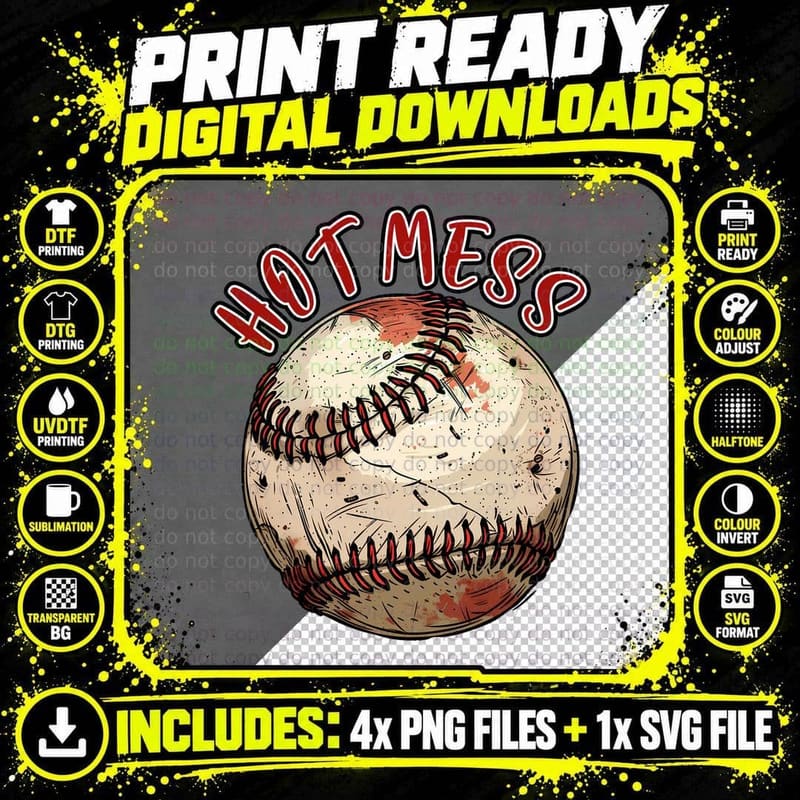 Hot Mess Baseball T-Shirt, Baseball with Red Stitching Png SVG Digital Bundle