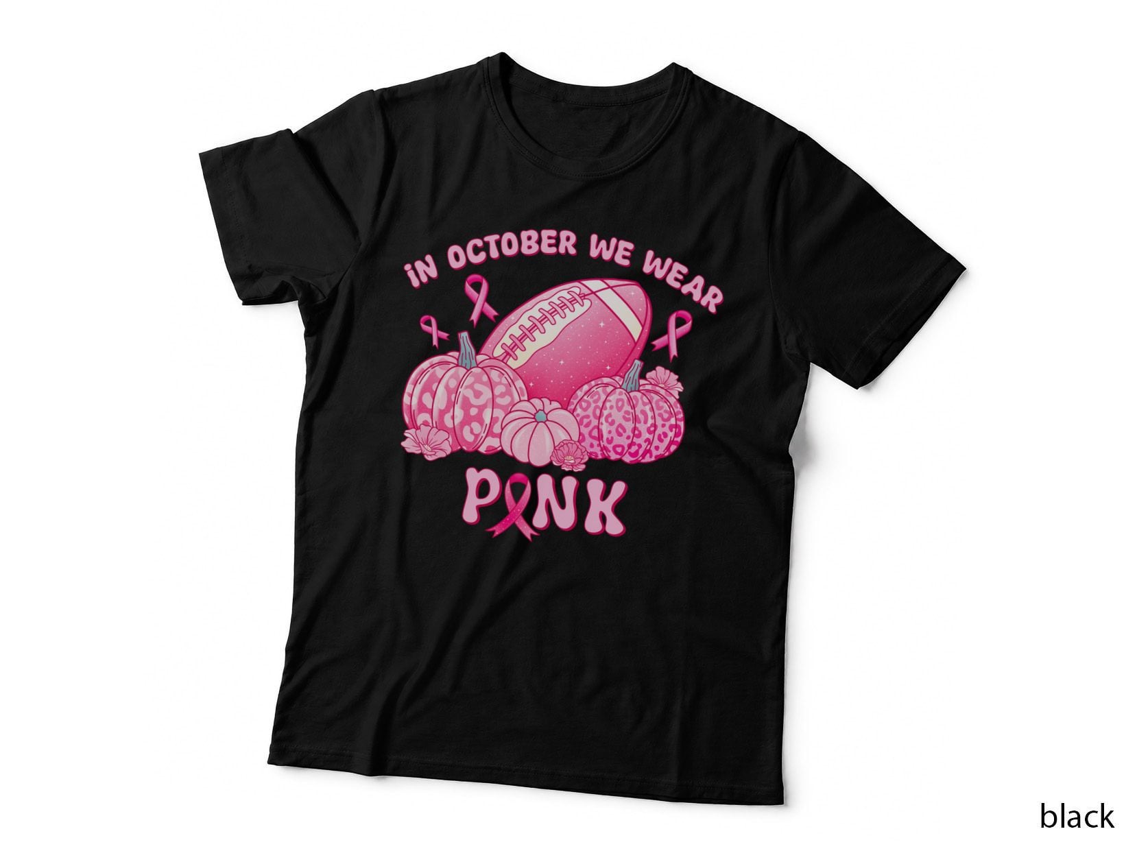 In October We Wear Pink Breast Cancer T-Shirt, Pink Football and Pumpkins