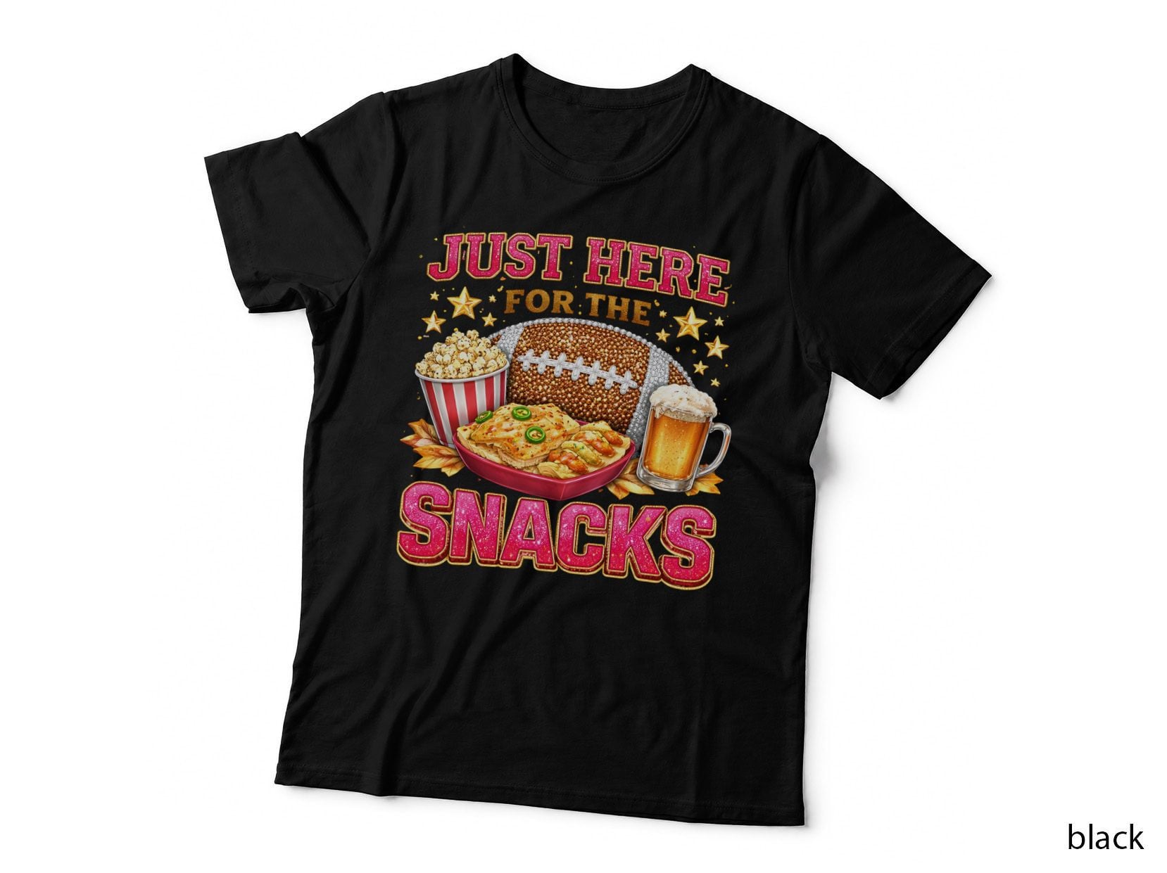 Just Here for the Snacks Football T-Shirt, Football-Themed Snacks with Beer