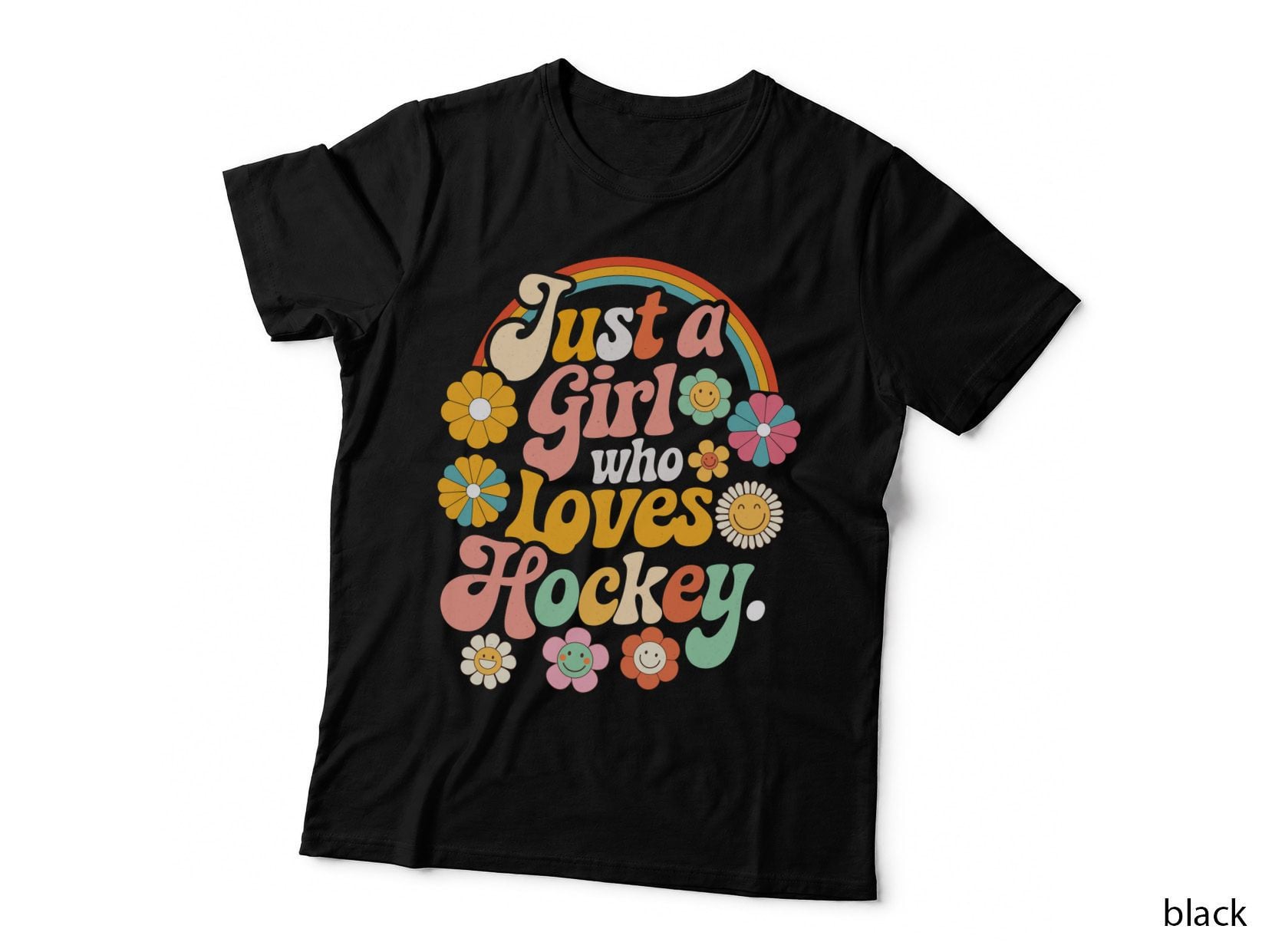 Just a Girl Who Loves Hockey. Hockey T-Shirt, Retro Floral Rainbow Graphic