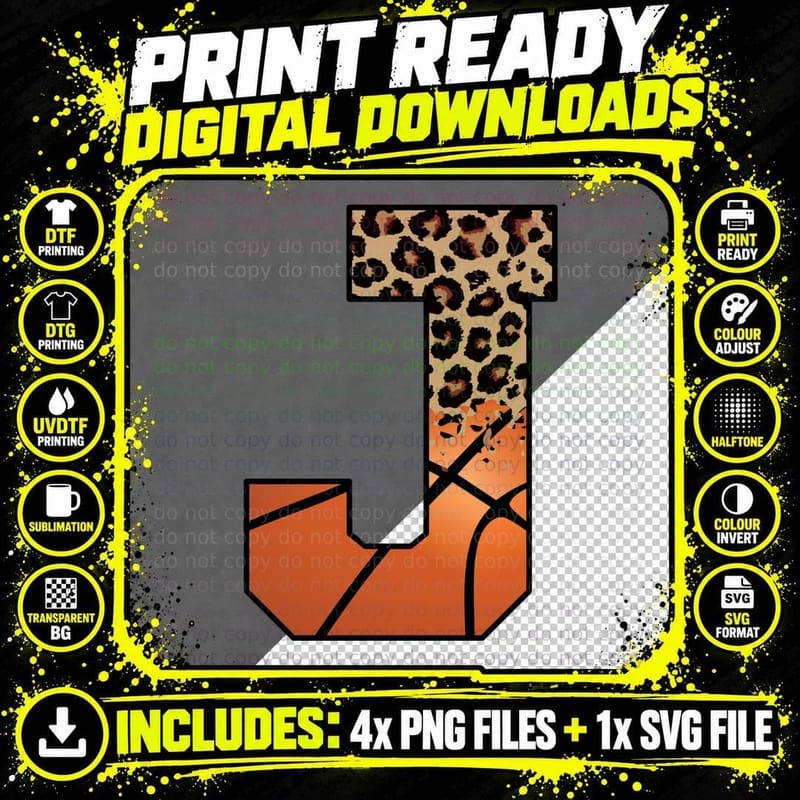 Leopard Print Basketball Letter J Basketball T-Shirt Png SVG Digital Bundle