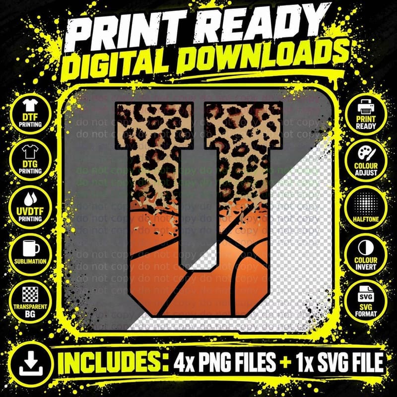 Leopard Print Basketball Letter U Basketball T-Shirt Png SVG Digital Bundle