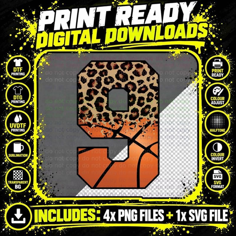 Leopard Print Basketball Number Nine Basketball T-Shirt Png SVG Digital Bundle