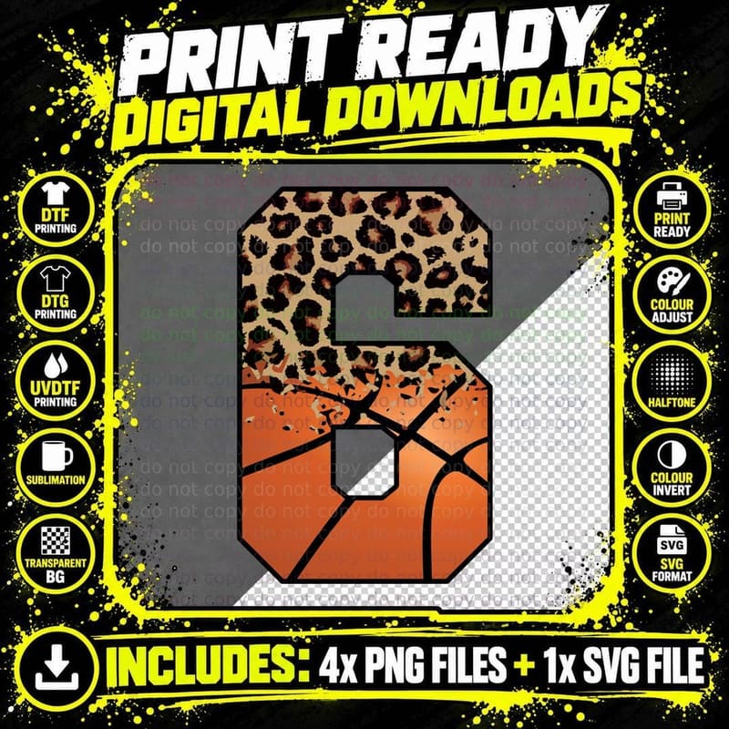 Leopard Print Basketball Number Six Basketball T-Shirt Png SVG Digital Bundle