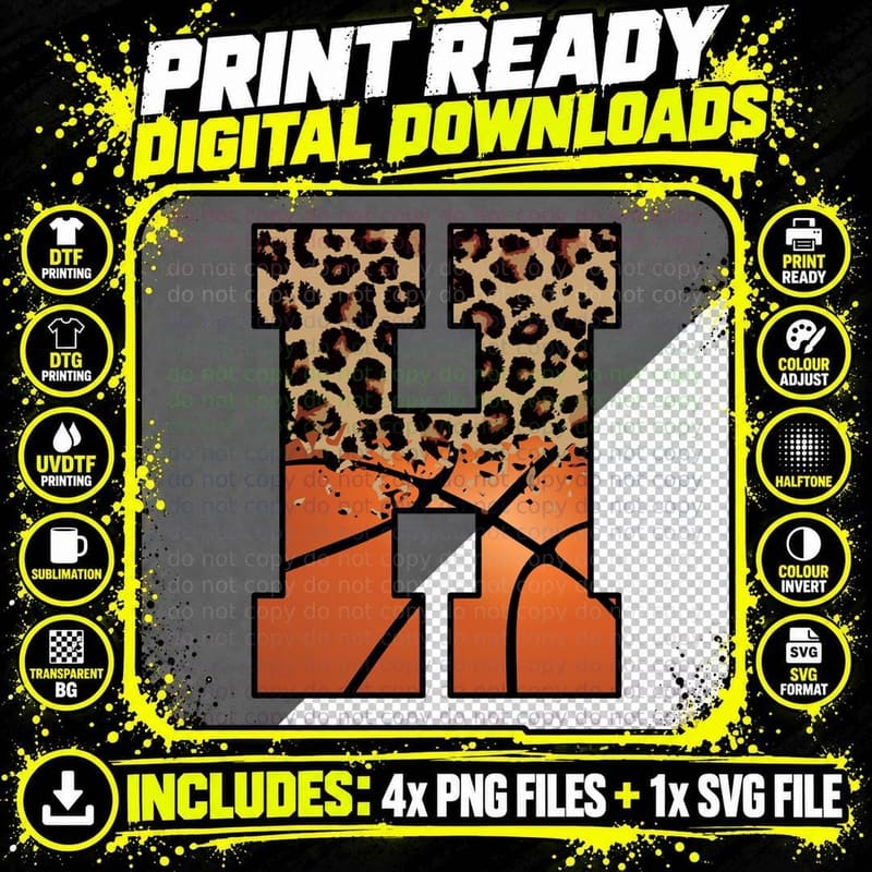 Leopard Print Letter H on Orange Background Basketball Png SVG Digital Bundle