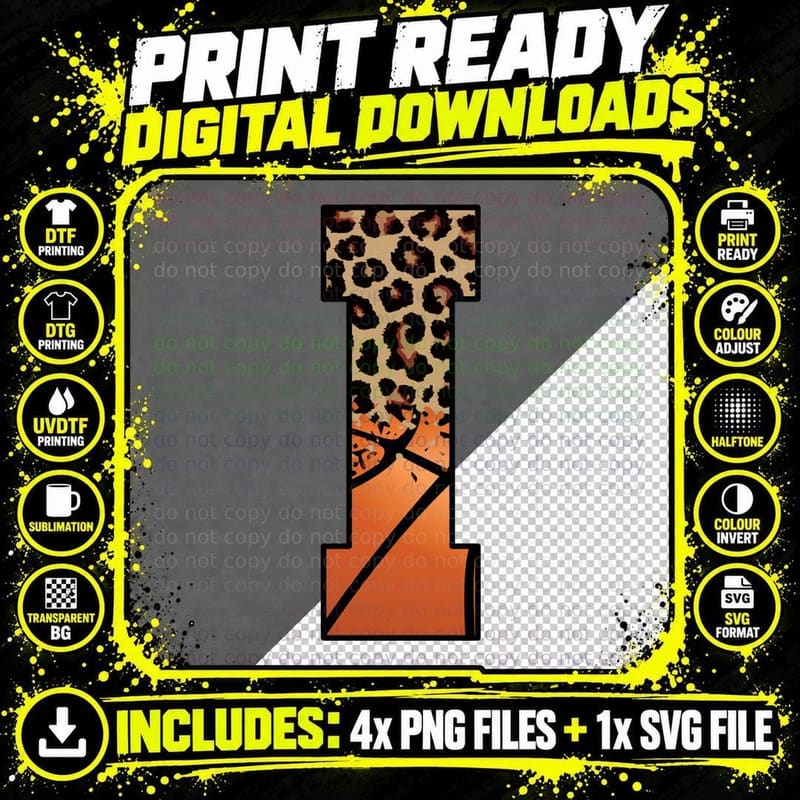 Leopard Print Letter I with Orange Gradient Basketball Png SVG Digital Bundle