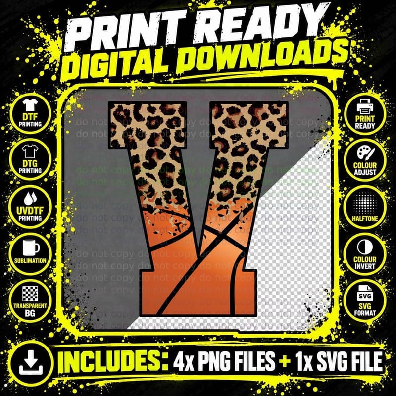 Leopard Print Letter V on Orange Background Basketball Png SVG Digital Bundle