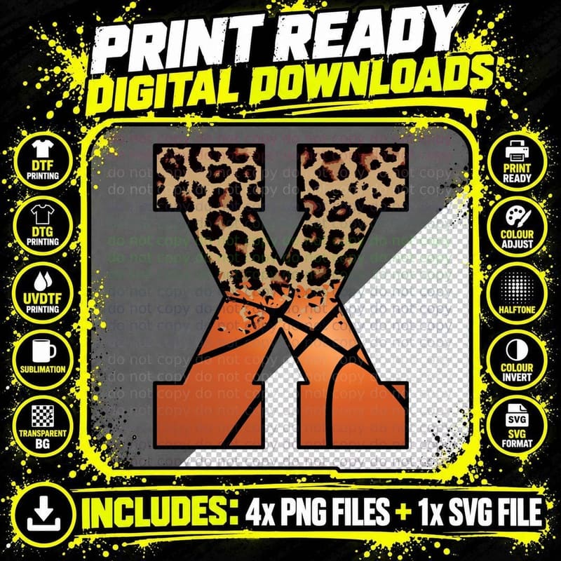 Leopard Print Letter X with Orange Arrow Basketball Png SVG Digital Bundle