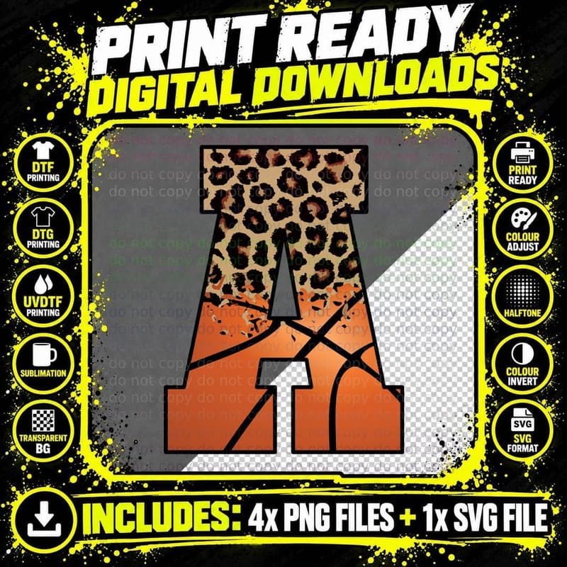Leopard Print Letter a with Orange Base Basketball Png SVG Digital Bundle