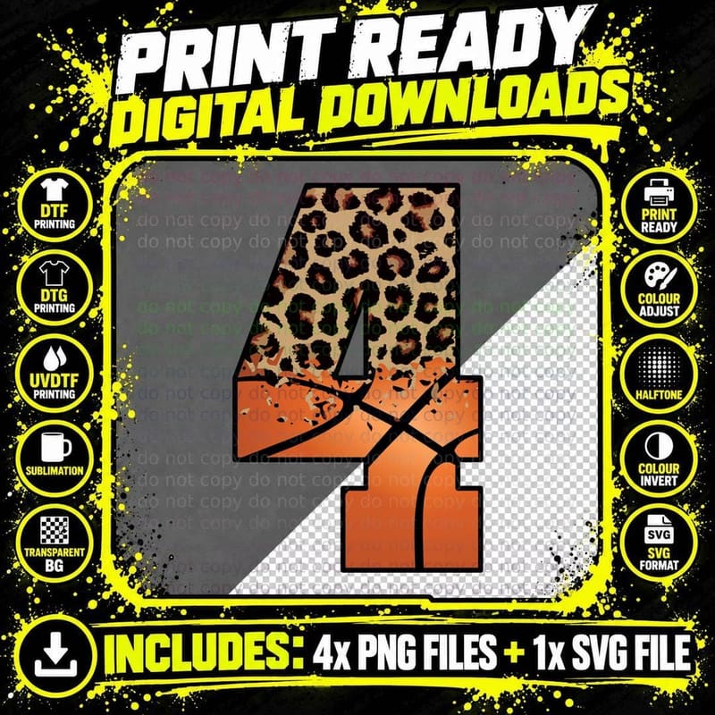 Leopard Print Number Four Basketball T-Shirt Png SVG Digital Bundle