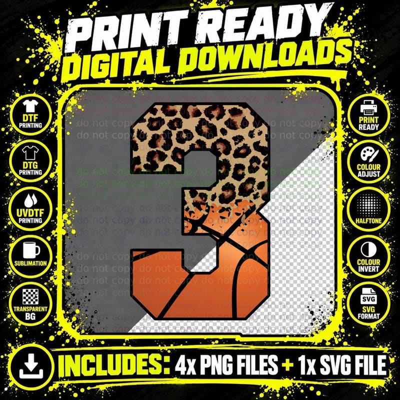 Leopard Print Number Three on Basketball T-Shirt Png SVG Digital Bundle