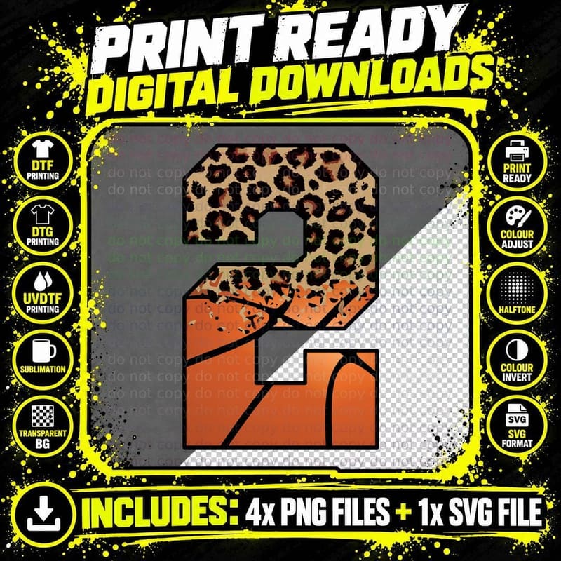 Leopard Print Number Two on Orange Background Basketball Png SVG Digital Bundle
