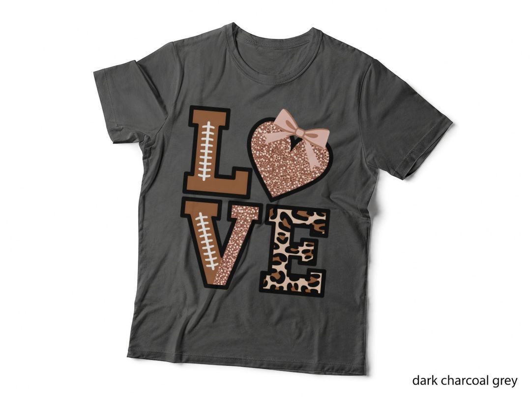 Love Football T-Shirt, Football Glitter Heart Leopard Print Graphic Tee