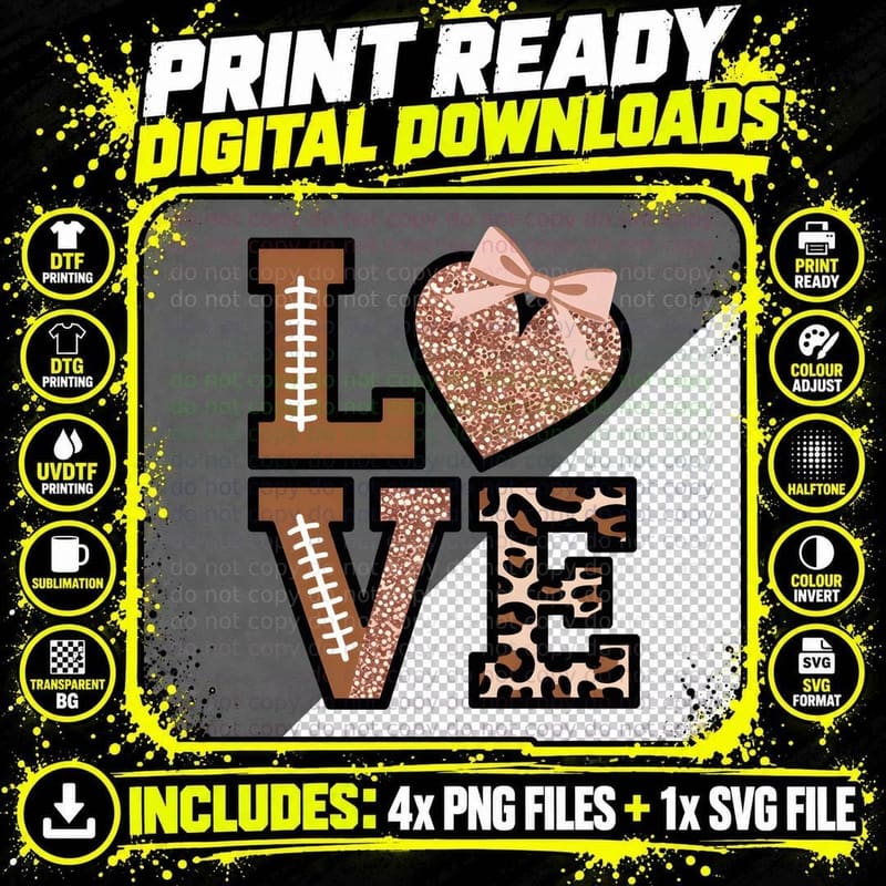 Love Football T-Shirt, Football Glitter Heart Leopard Png SVG Digital Bundle