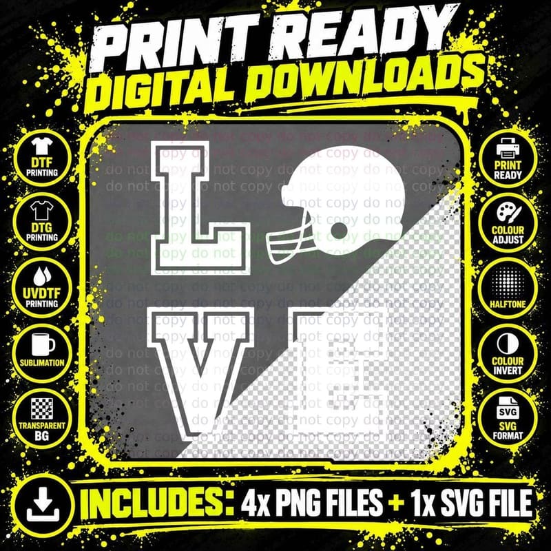 Love Football T-Shirt, Football Helmet and Letters Png SVG Digital Bundle