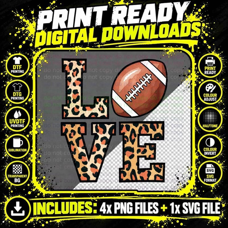 Love Football T-Shirt, Leopard Print Football Theme Png SVG Digital Bundle