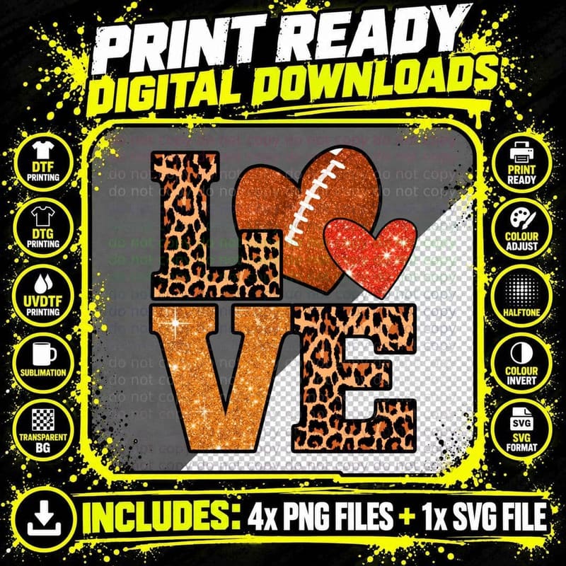 Love Football T-Shirt, Leopard Print Glitter Football Png SVG Digital Bundle
