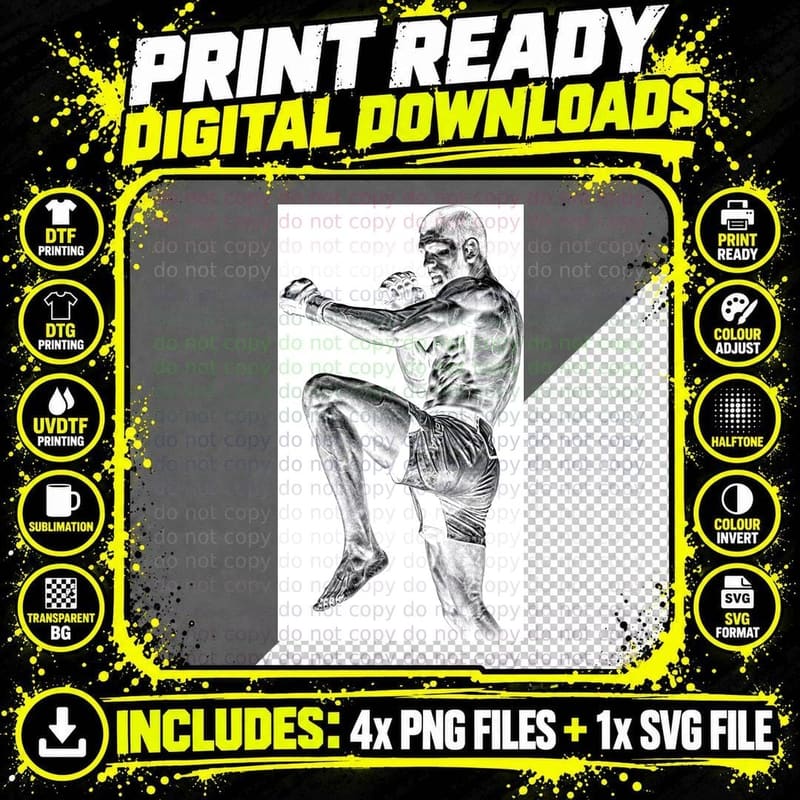 Male MMA Fighter Monochrome Sketch Style Side Profile Png SVG Digital Bundle