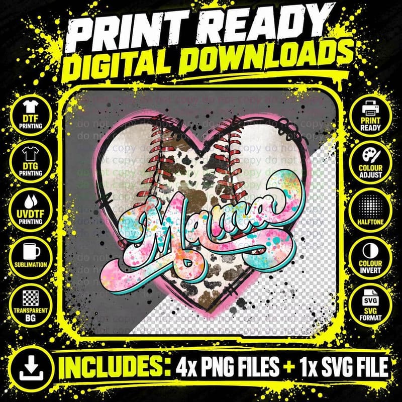 Mama Baseball T-Shirt, Baseball Heart with Splatter Png SVG Digital Bundle