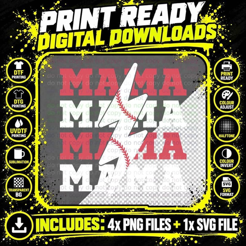 Mama Baseball T-Shirt, Baseball Lightning Bolt Graphic Png SVG Digital Bundle