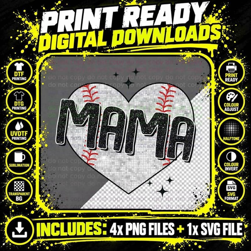 Mama Baseball T-Shirt, Baseball-Themed Heart with Png SVG Digital Bundle