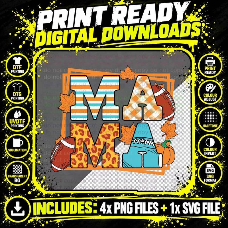 Mama Football T-Shirt, Fall Sports Theme with Leaves and Png SVG Digital Bundle