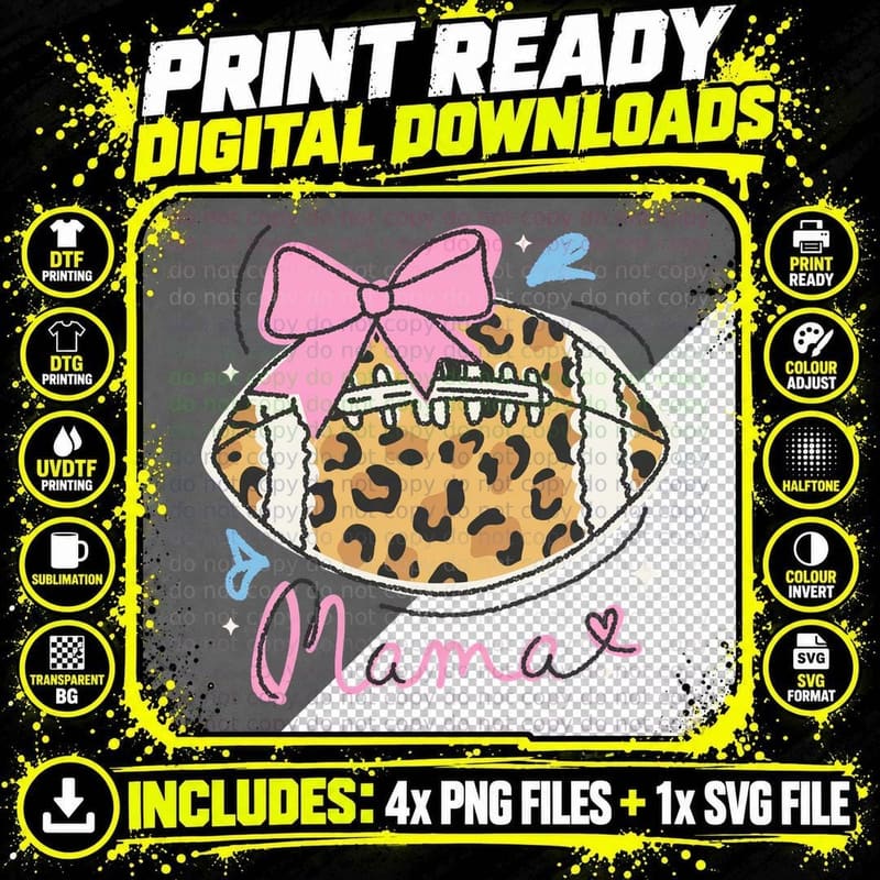 Mama Football T-Shirt, Leopard Print Football with Bow Png SVG Digital Bundle