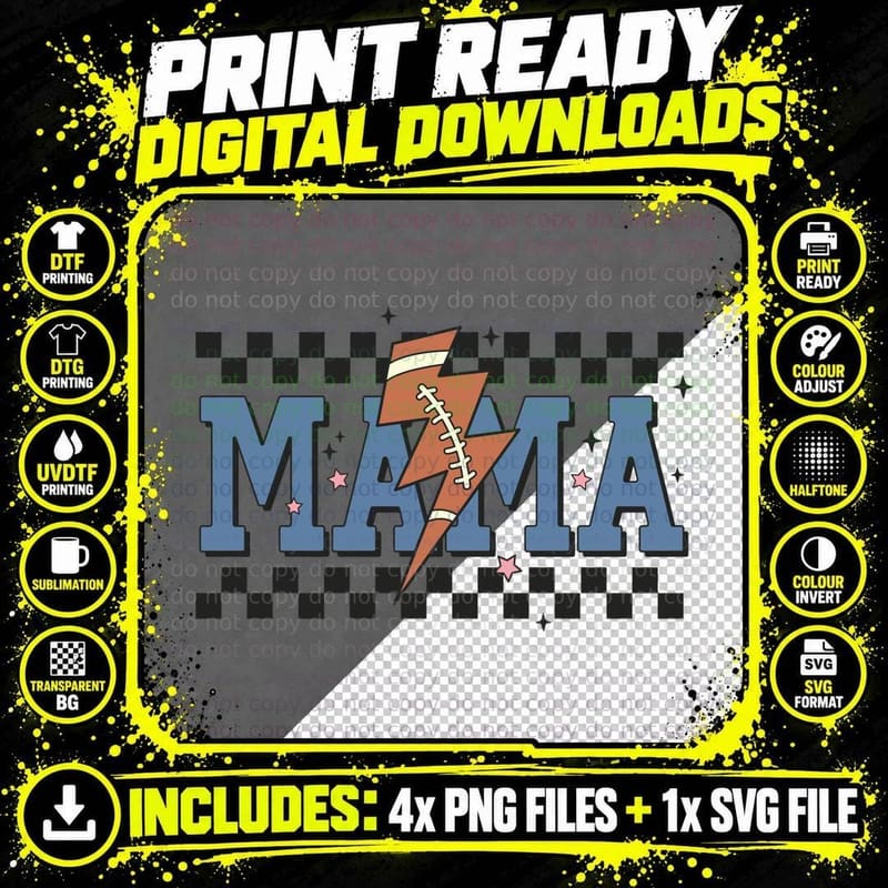 Mama Football T-Shirt, Lightning Bolt on Checkered Png SVG Digital Bundle