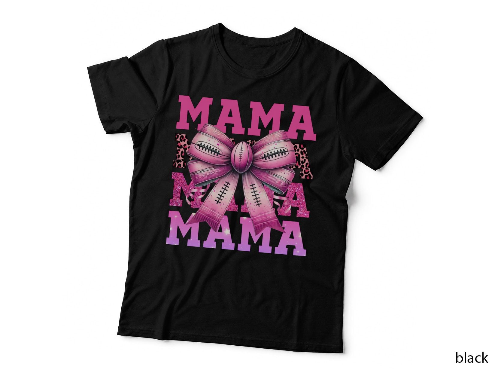 Mama Football T-Shirt, Pink Bow on Glittery Background Graphic Tee