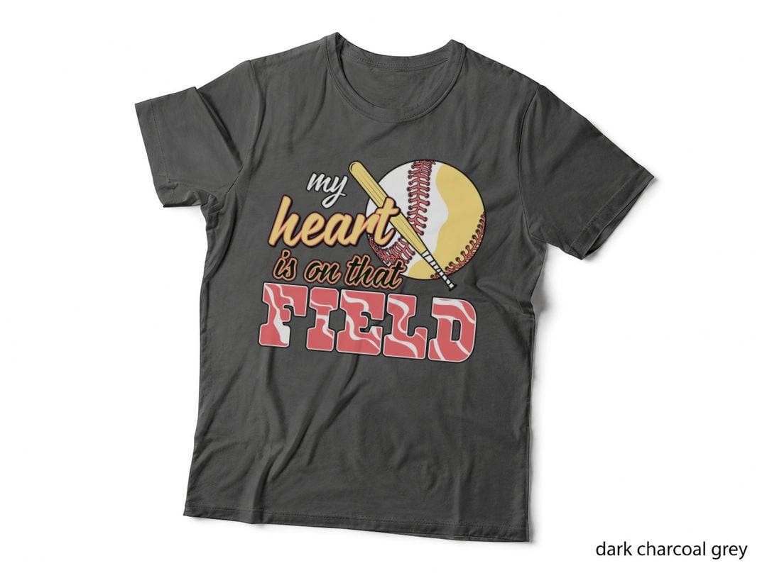 My Heart Is on That Field Softball T-Shirt, Baseball Bat and Ball on Field