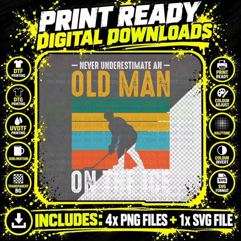 Never Underestimate an Old Man on the Ice Hockey T-Shirt Png SVG Digital Bundle