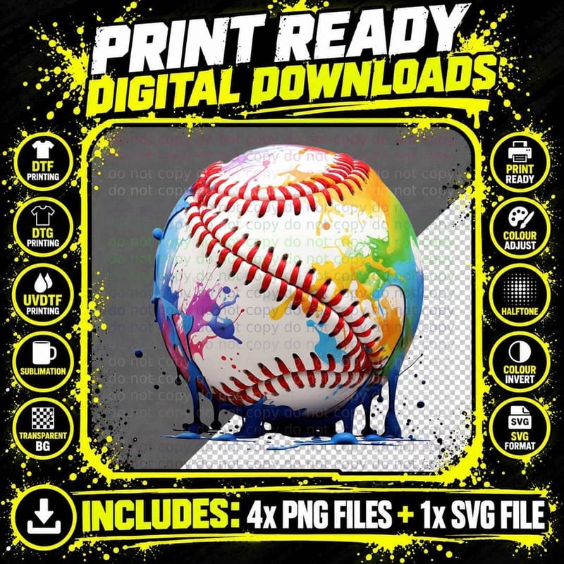 Paint-Splattered Baseball T-Shirt, Baseball Graphic Tee Png SVG Digital Bundle