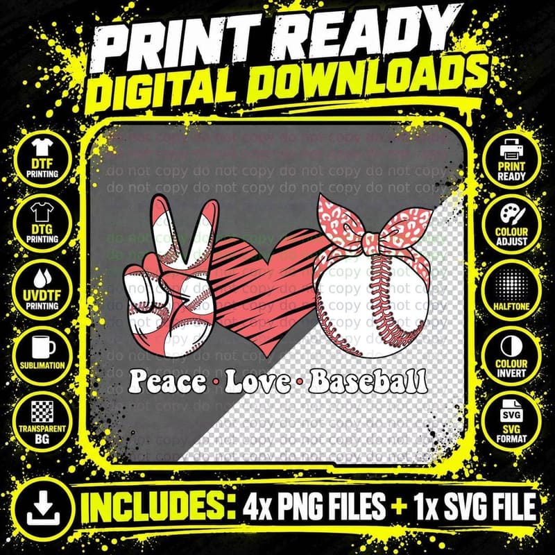 Peace Love Baseball Softball T-Shirt Png SVG Digital Bundle