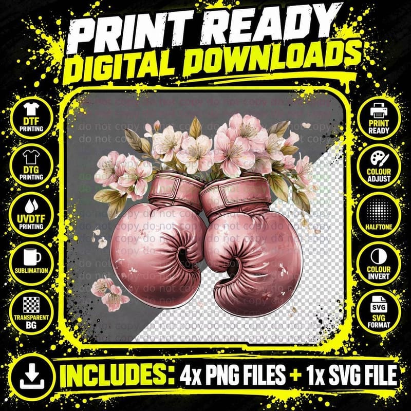 Pink Boxing Gloves with Blossoms Breast Cancer Design Png SVG Digital Bundle