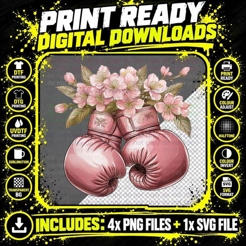 Pink Boxing Gloves with Blossoms Breast Cancer T-Shirt Png SVG Digital Bundle
