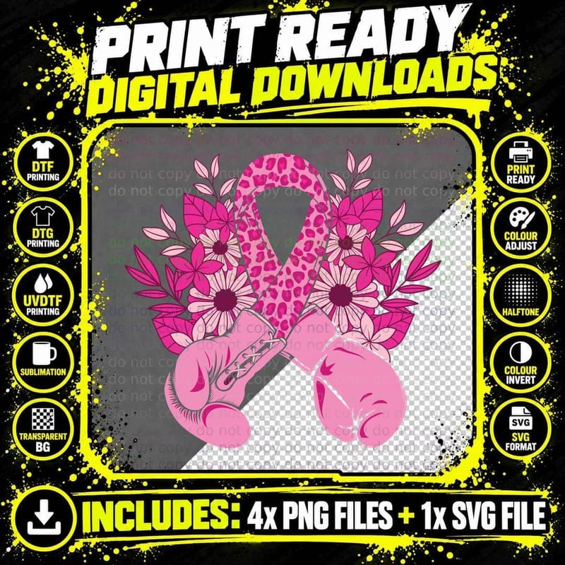 Pink Boxing Gloves with Floral Ribbon Breast Cancer Png SVG Digital Bundle
