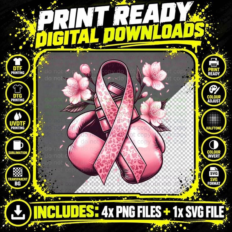 Pink Boxing Gloves with Ribbon and Flowers Breast Cancer Png SVG Digital Bundle