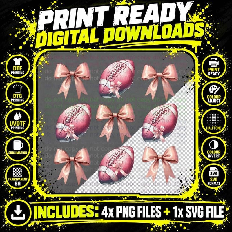 Pink Footballs with Bows Football T-Shirt Png SVG Digital Bundle