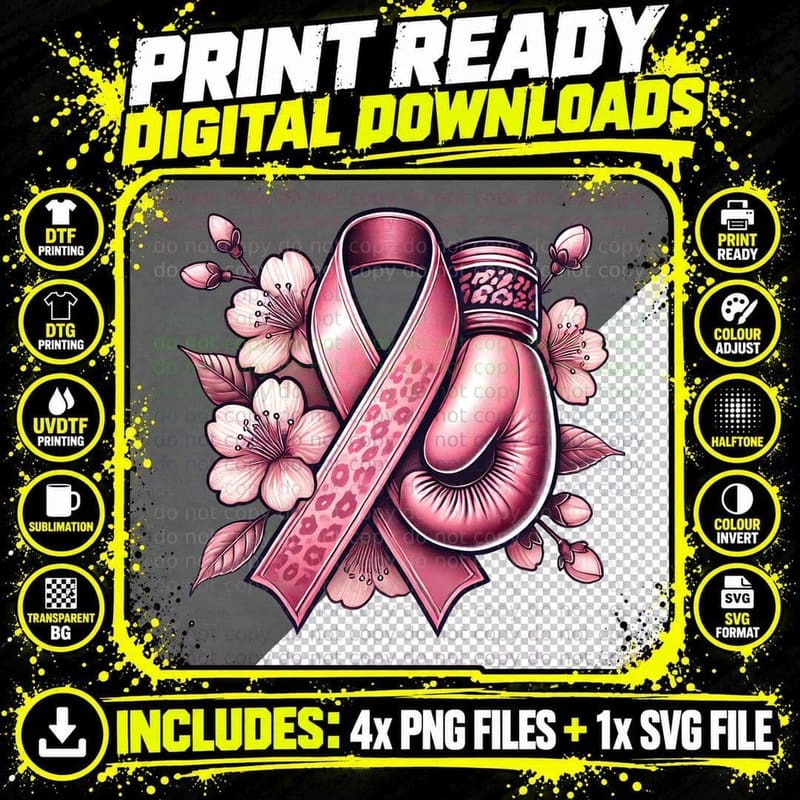 Pink Ribbon Boxing Glove with Flowers Breast Cancer Png SVG Digital Bundle