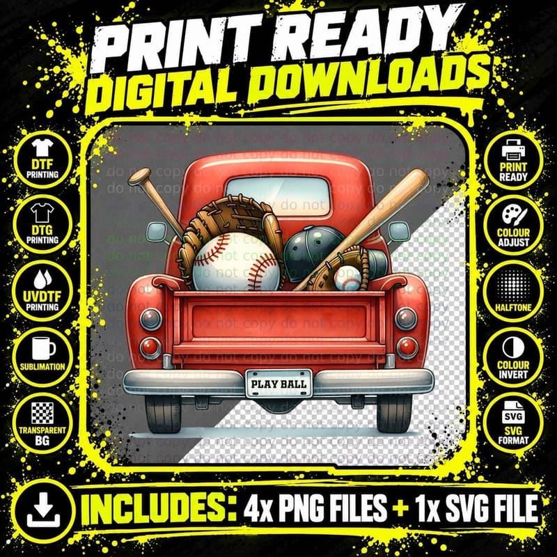 Play Ball Baseball T-Shirt, Baseball Gear in Red Truck Png SVG Digital Bundle