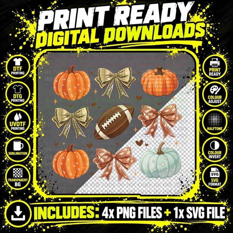 Pumpkins & Bows Football T-Shirt, Football Graphic Tee Png SVG Digital Bundle